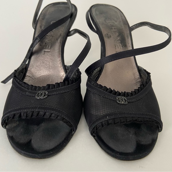 Chanel Black Mesh And Satin CC Open Toe Ankle Strap Heeled Sandals - Picture 3 of 16